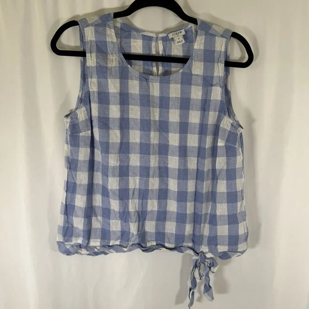 J. Crew Tank Top Women's 10 Blue White Plaid Linen Cotton Blued Tie Bottom